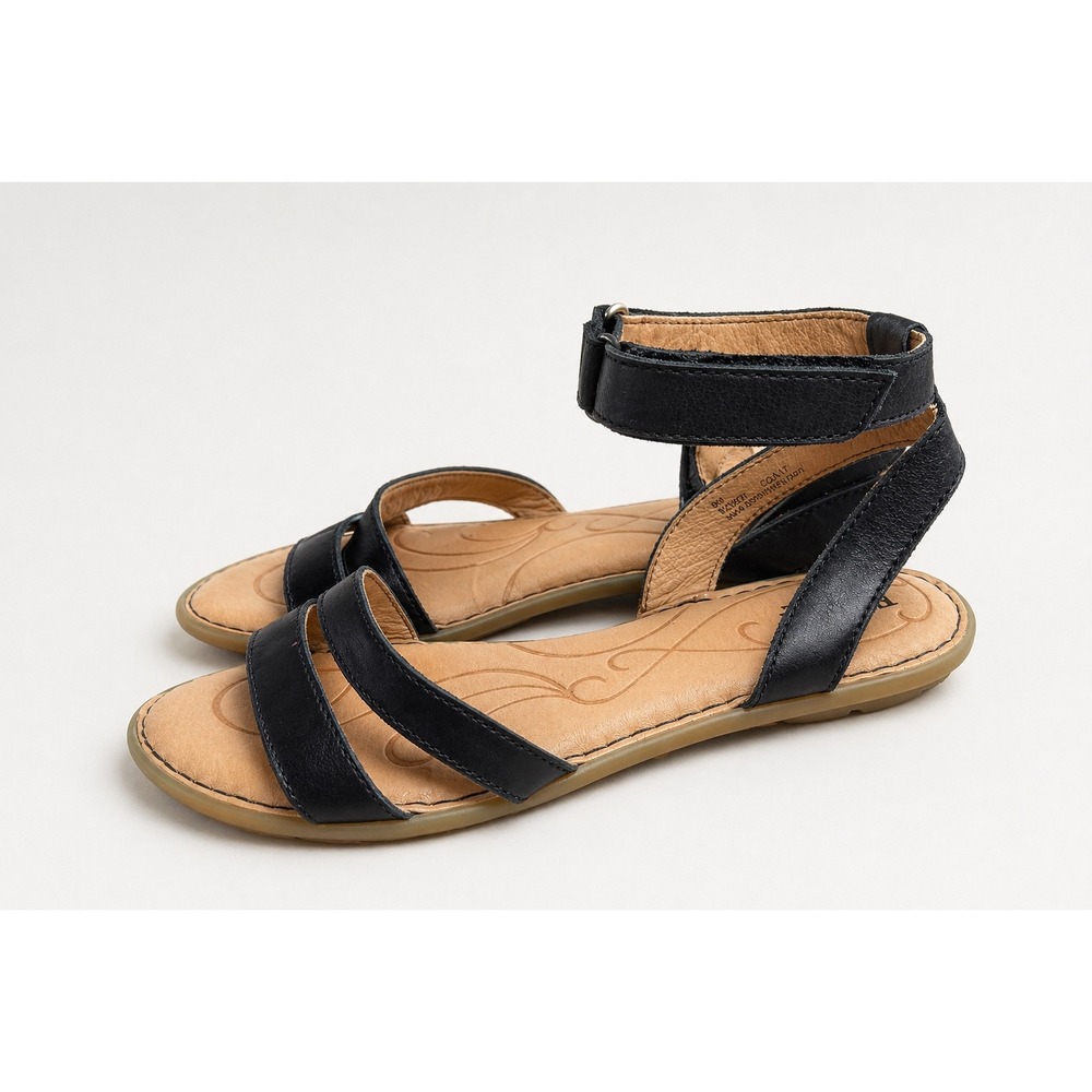 Born Black Leather Strappy Sandals Womens Size 9 Ankle Strap Comfort Flat